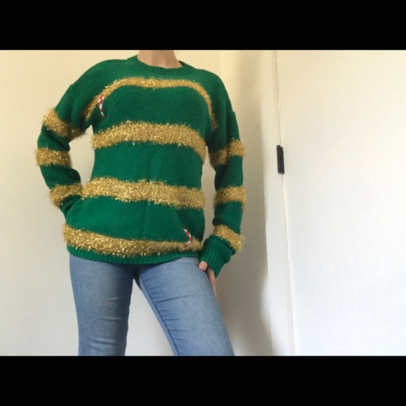 Merry Christmas Gold Tinsel & Candy-cane Sweater Green - Picture 6 of 15